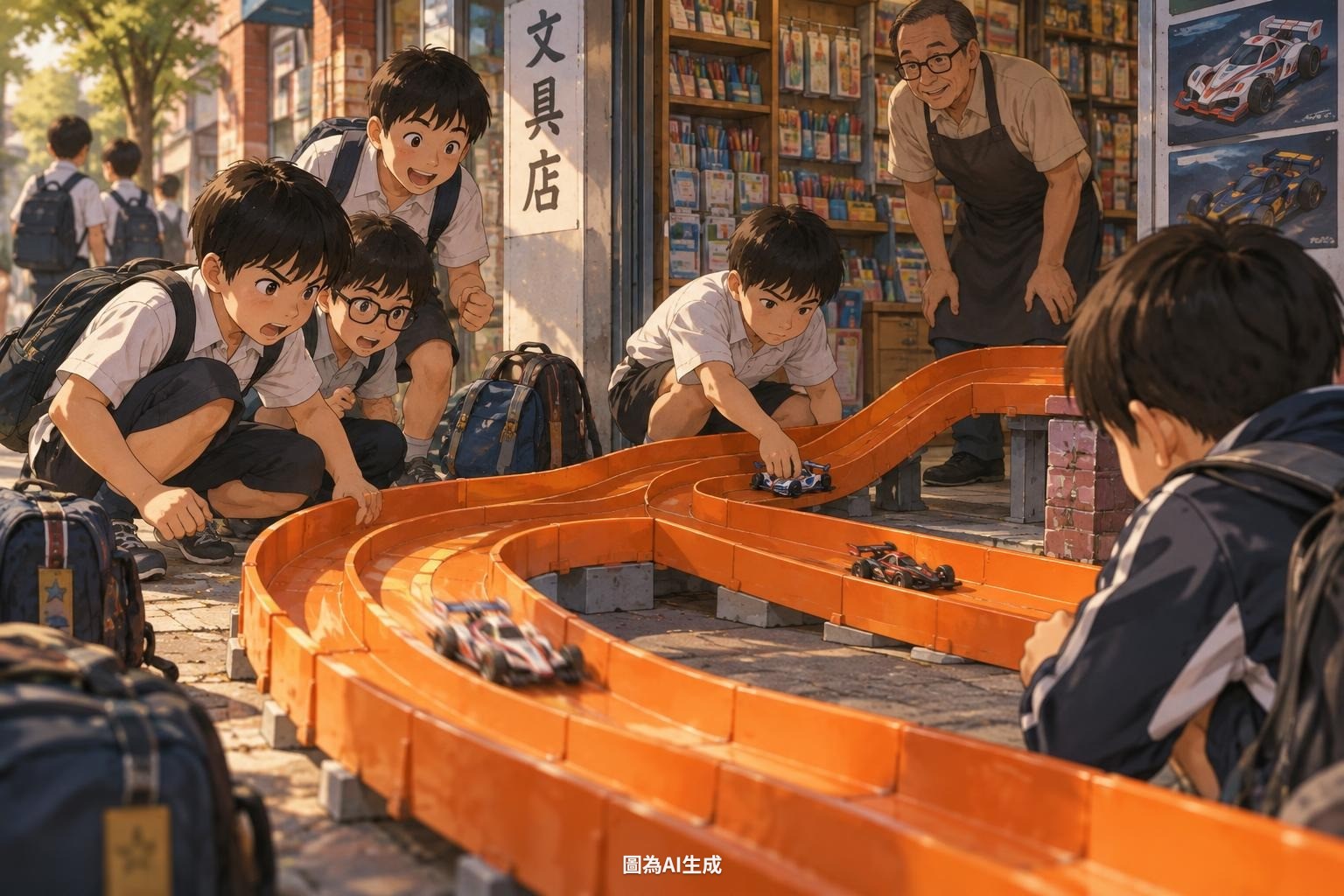 文具店門口的塑膠跑道